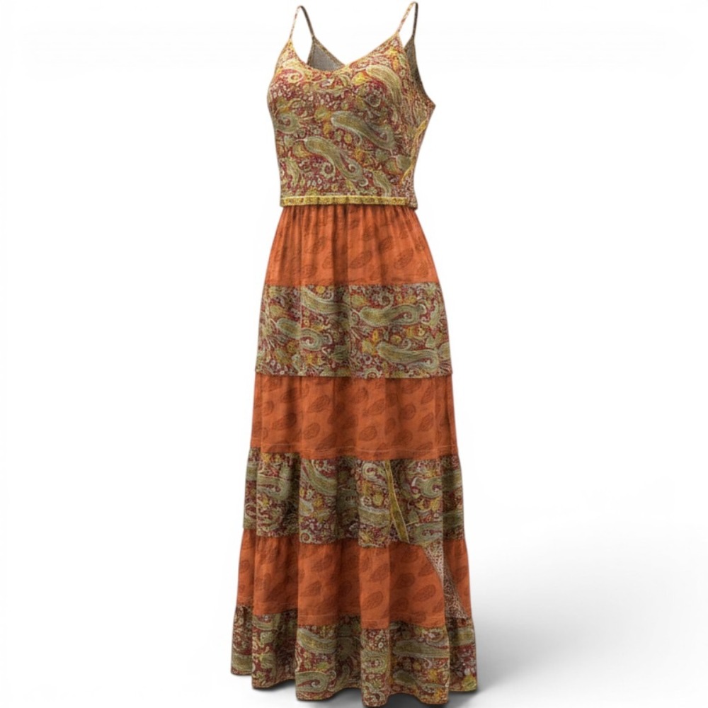 Junglee Billee Maxi Dress Womens One Size Orange Paisley Smocked Tiered